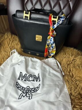 MCM Black Leather Bucket Tote